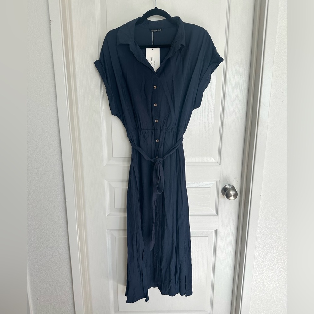 Bloomchic Navy Blue Tie Waist Midi Dress Size 12